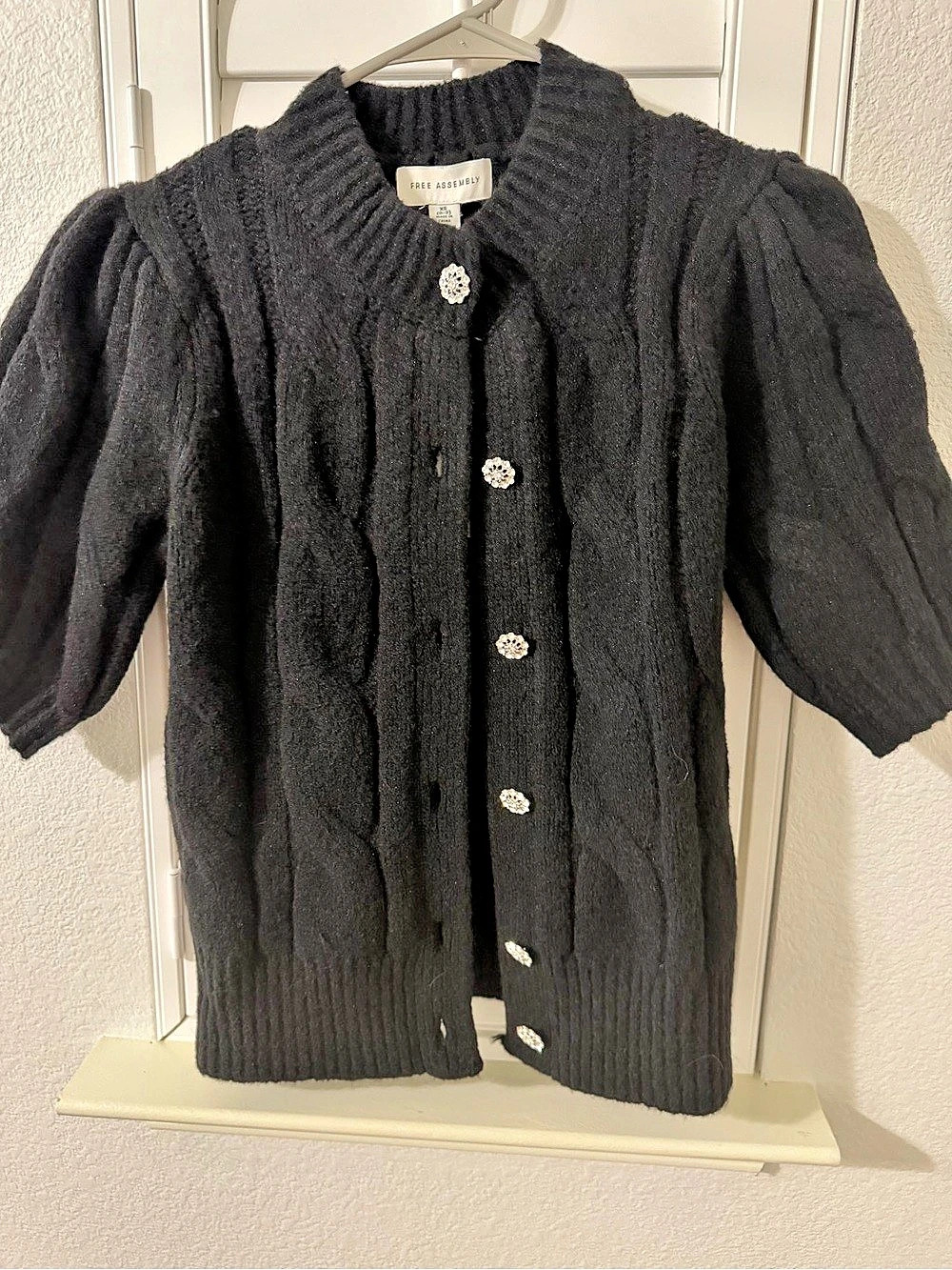 Free Assembly Cable Cardigan with Short Puff Sleeves Black XS